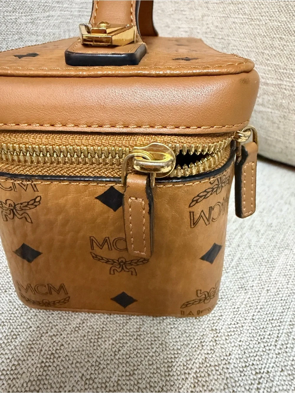 MCM Cognac Logo Visetos Leather Vanity Bag with Gold Hardware